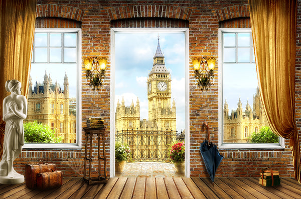 Fresco Wallpaper, Non Woven, London Window Wallpaper, Big Ben Wall Mural