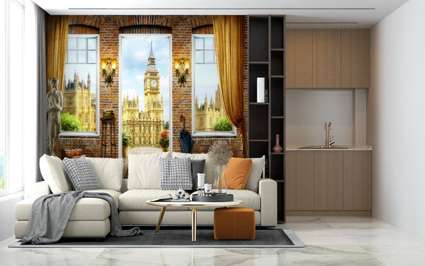 Fresco Wallpaper, Non Woven, London Window Wallpaper, Big Ben Wall Mural