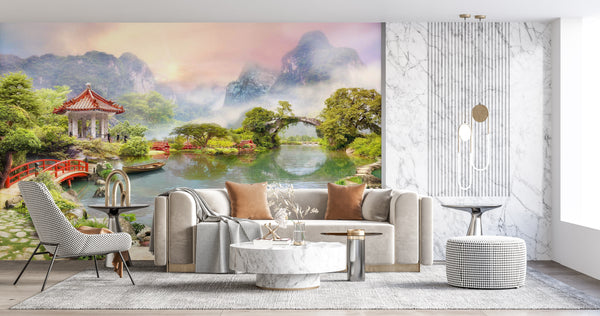 Fresco Wallpaper, Non Woven, Chinese Gardern Wallpaper, Mountain Landscape Wall Mural