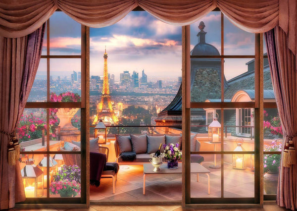 Fresco Wallpaper, Non Woven, Paris in the Evening Wallpaper, Eiffel Tower Window View Wall Mural