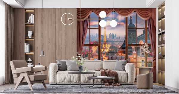 Fresco Wallpaper, Non Woven, Paris in the Evening Wallpaper, Eiffel Tower Window View Wall Mural