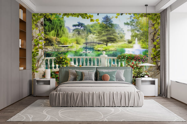 Fresco Wallpaper, Non Woven, Green Garder Walllpaper, Lake and White Swan Birds Wall Mural