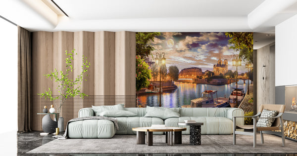 Fresco Wallpaper, Non Woven, Evening City Wallpaper, River in the City Wall Mural