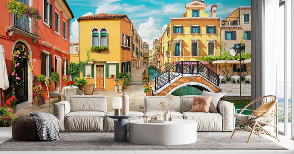 Fresco Wallpaper, Non Woven, Colorful Streets of Venice Wallpaper, Canal in Venice Wall Mural