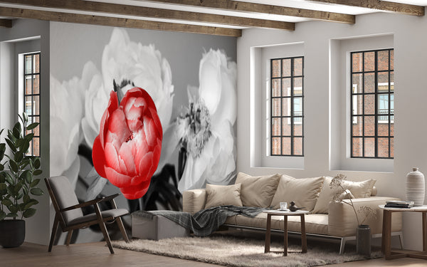 Flower Wallpaper, Non Woven, Red Peony Wallpaper, Black & White Floral Wall Mural