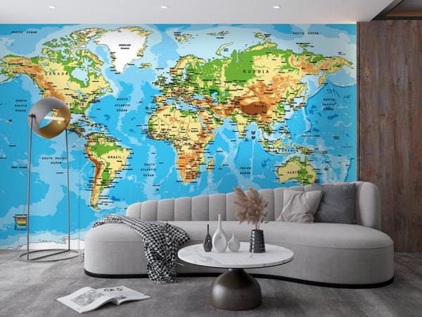 World Map Wallpaper, Non Woven, Physical Map Of The World Wallpaper, Modern World Map Wall Mural