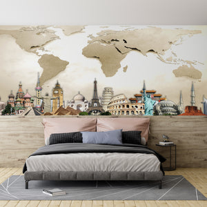 World Map Murals for Walls | Famous Monuments Across World Wallpaper