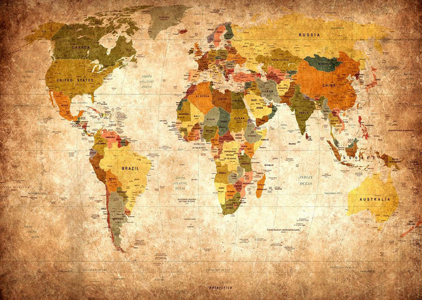 World Map Wallpaper, Non Woven, Vintage Style World Map Wallpaper, Antique World Map Wall Mural