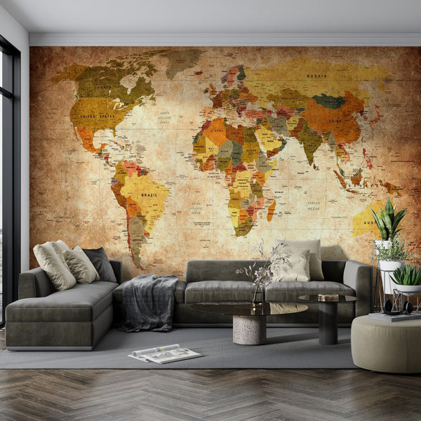 World Map Wallpaper, Non Woven, Vintage Style World Map Wallpaper, Antique World Map Wall Mural