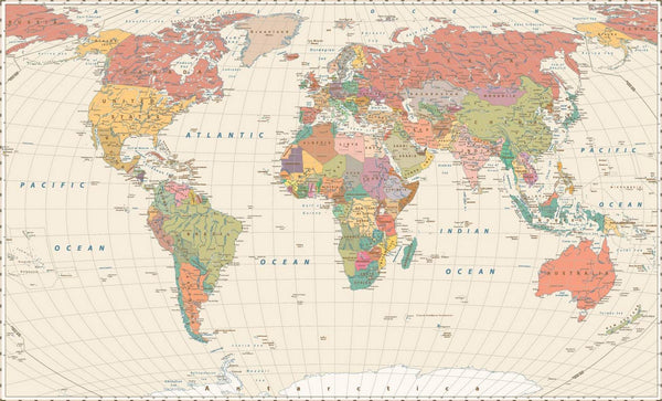 World Map Wallpaper, Non Woven, Political World Map Wall Mural, Ocean & Country Names Wallpaper
