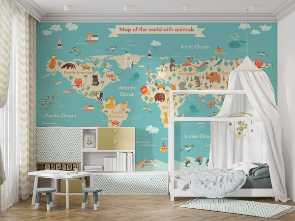 Kids World Map Wallpaper, Non Woven, World Map with Animals Wallpaper Mural for Nursery