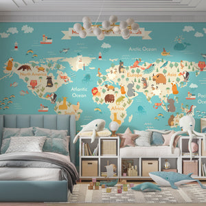 World Map Murals for Walls | World Map with Animals Wallpaper Mural for Nursery