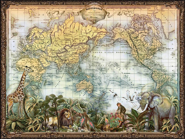 World Map Wallpaper, Non Woven, Antique World Map Wallpaper, Geographical Map with Animals  Wall Mural