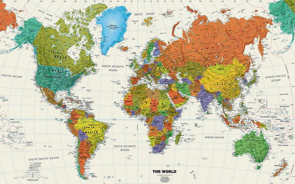 World Map Wallpaper, Non Woven, World map Wallpaper, Detailed political map of the World Wall Mural