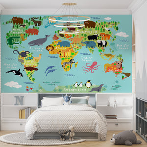 World Map Wallpaper | Map of Continents and Animals Wall Mural for Nursery