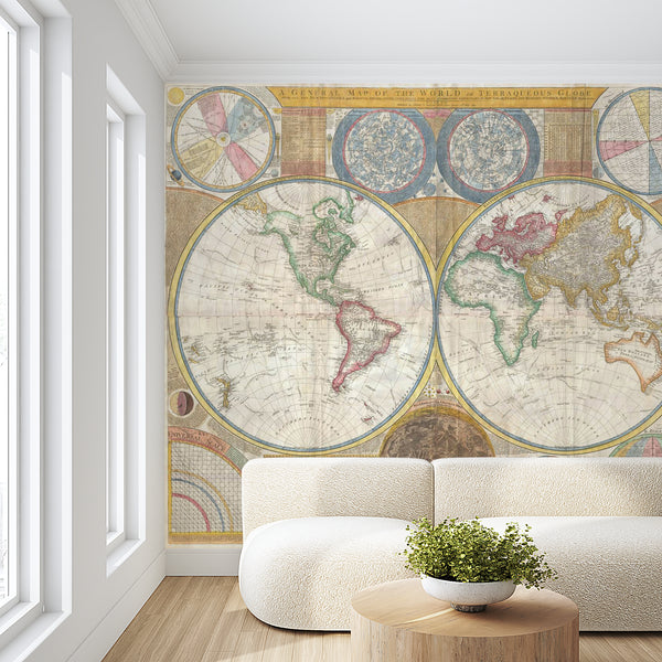 World Map Wallpaper, Non Woven, Vintage World Map Wallpaper, Ancient Map Wall Mural