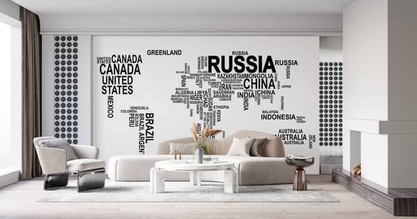 World Map Wallpaper, Non Woven, World map, Countries, Continents Wallpaper, Typography World Map Country Names Wall Mural