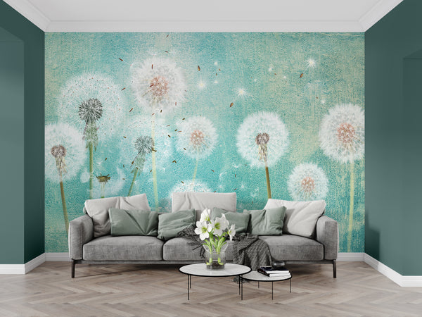 Flower Wallpaper, Non Woven, Dandelions On Turquoise Background Wallpaper, Spring Floral Wall Mural