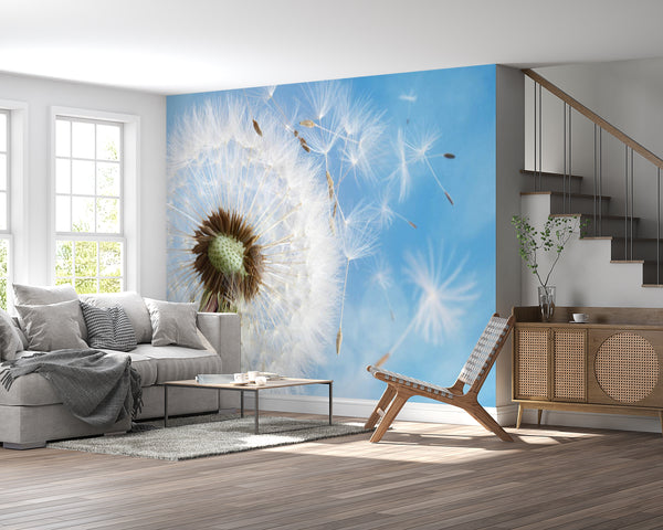 Flower Wallpaper, Non Woven, Fluffy Dandelion Wallpaper, Blue Sky Wall Mural