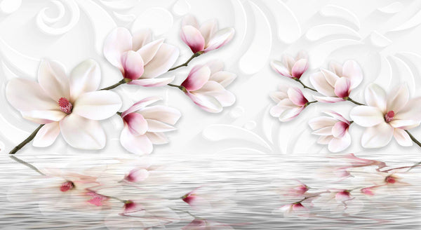 Flower Wallpaper, Non Woven, Pink Magnolia Flowers Wallpaper, Floral Branch Wall Mural