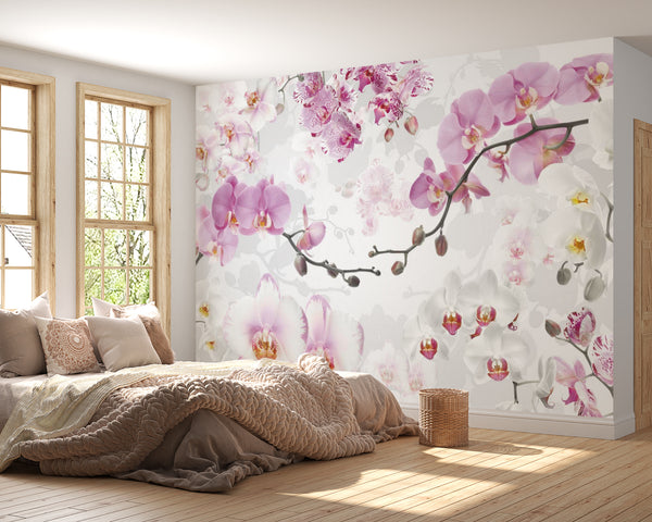 Flower Wallpaper, Non Woven, Multi-colored Orchids Wallpaper, White & Pink Floral Branches Wall Mural