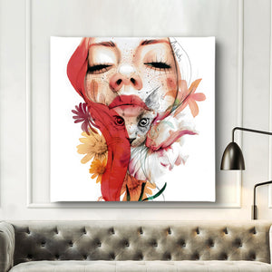 Canvas Wall Art | Colorful Girl & Cat Art Wall Poster