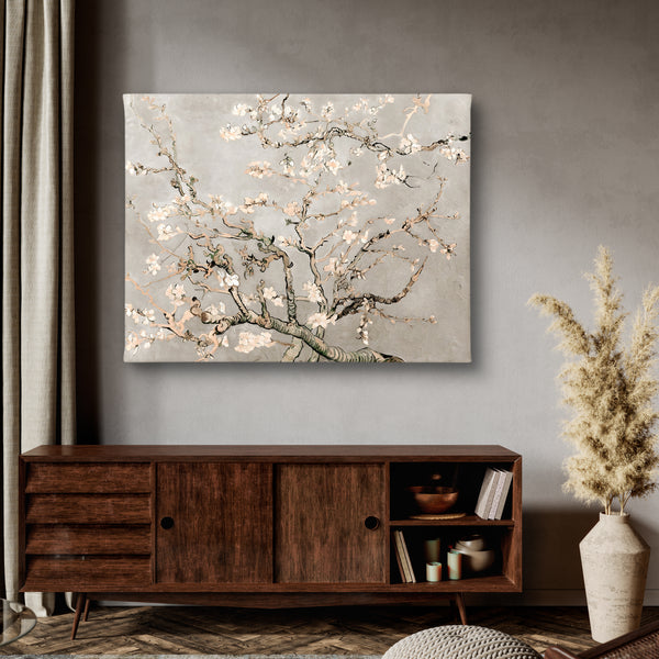 Canvas Wall Art, Blooming Almond Branches on beige background, Wall Poster