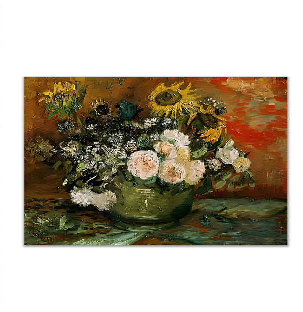 Canvas Wall Art, Oil Painted Roses and Sunflowers, Wall Poster