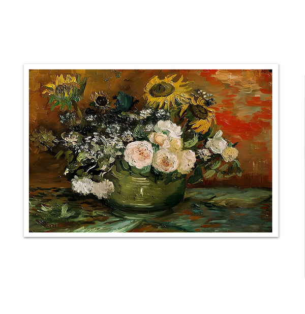 Canvas Wall Art, Oil Painted Roses and Sunflowers, Wall Poster