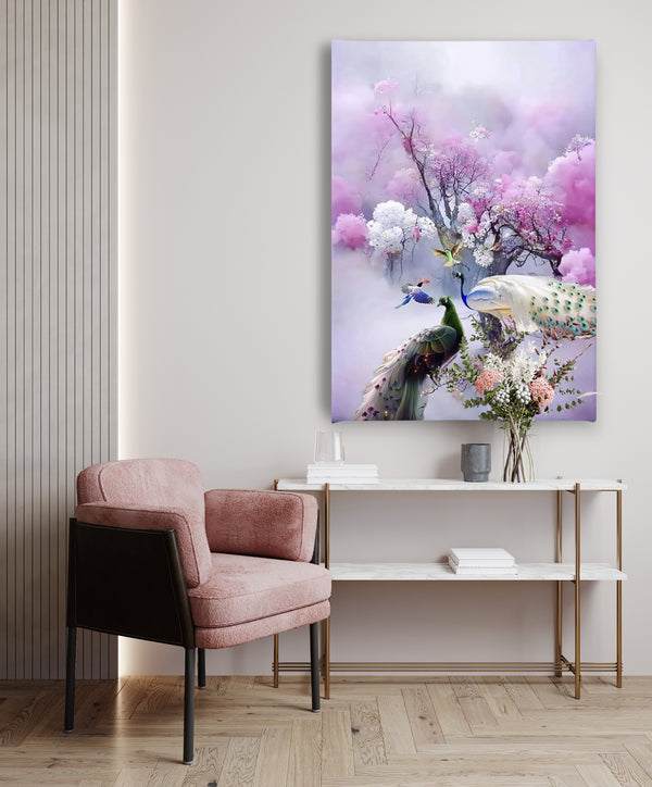 Canvas Wall Art, Pink Flower Trees & Peacock Birds, Wall Poster