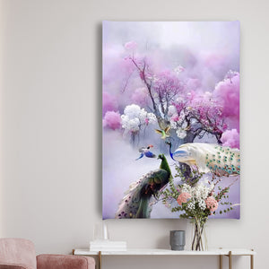Canvas Wall Poster -  Pink Flower Trees & Peacock Birds