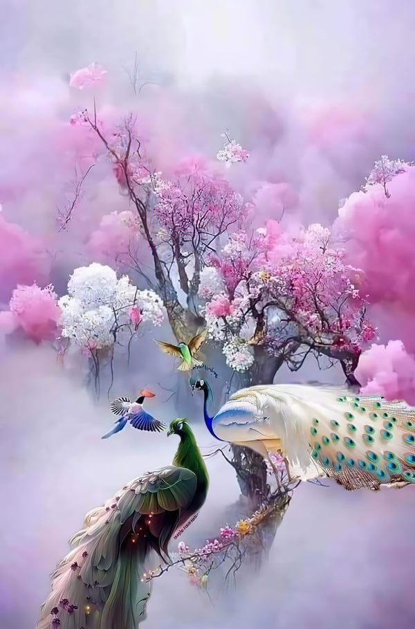 Canvas Wall Art, Pink Flower Trees & Peacock Birds, Wall Poster