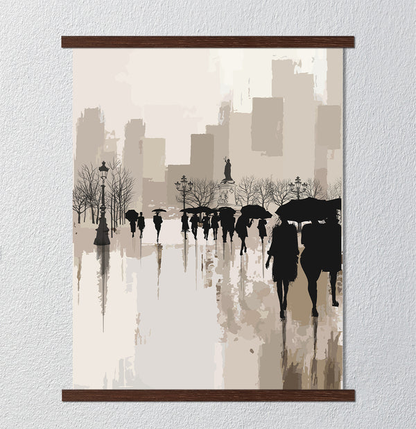 Canvas Wall Art, People Under Rain in a City, Wall Poster