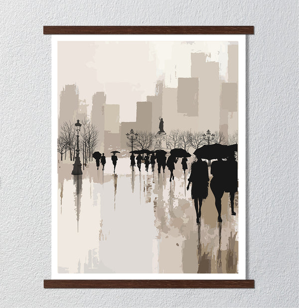 Canvas Wall Art, People Under Rain in a City, Wall Poster