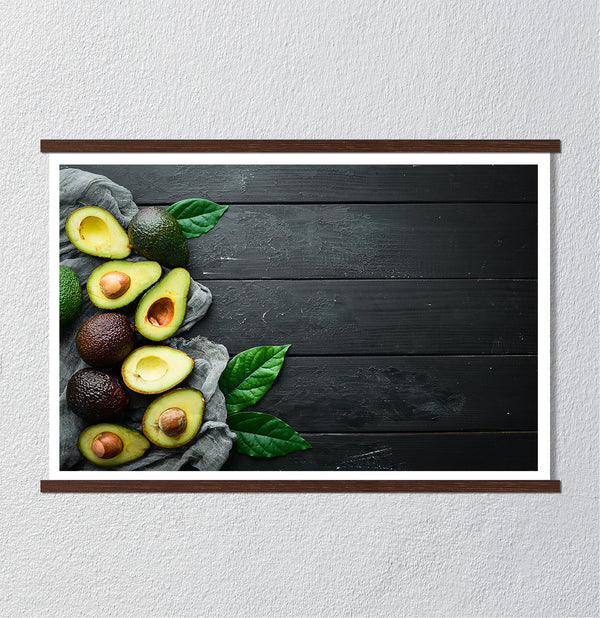 Canvas Wall Art, Green Fresh Avocado & Dark Wood Background, Wall Poster