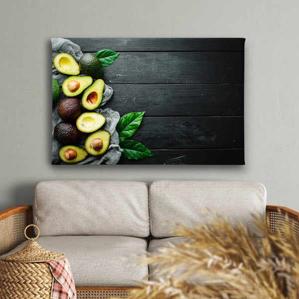 Canvas Wall Art, Green Fresh Avocado & Dark Wood Background, Wall Poster