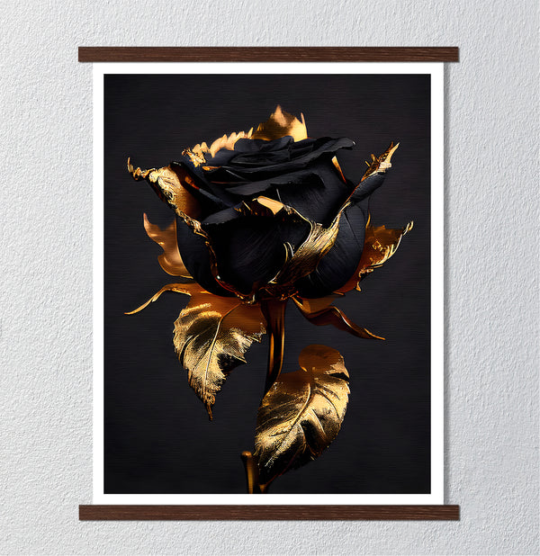 Canvas Wall Art, Gold Metallic & Black Rose Flower Wall Poster