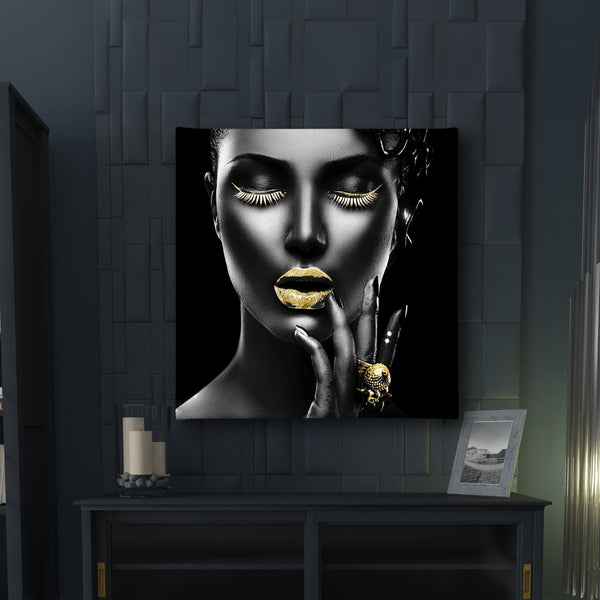 Canvas Fashion Wall Art, Girl with Gold Lips and Makeup, Glam Wall Poster