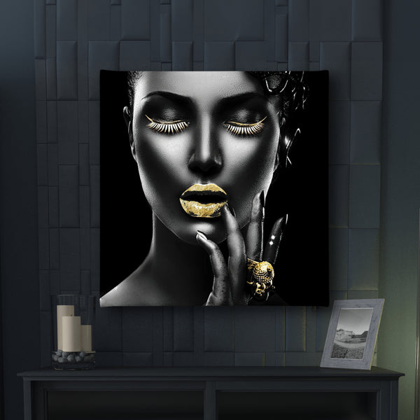 Canvas Fashion Wall Art -  Girl with Gold Lips and Makeup