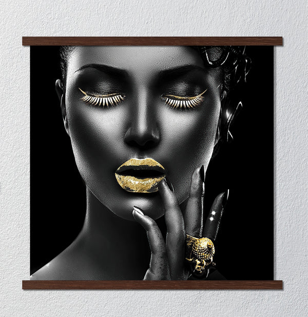 Canvas Fashion Wall Art, Girl with Gold Lips and Makeup, Glam Wall Poster