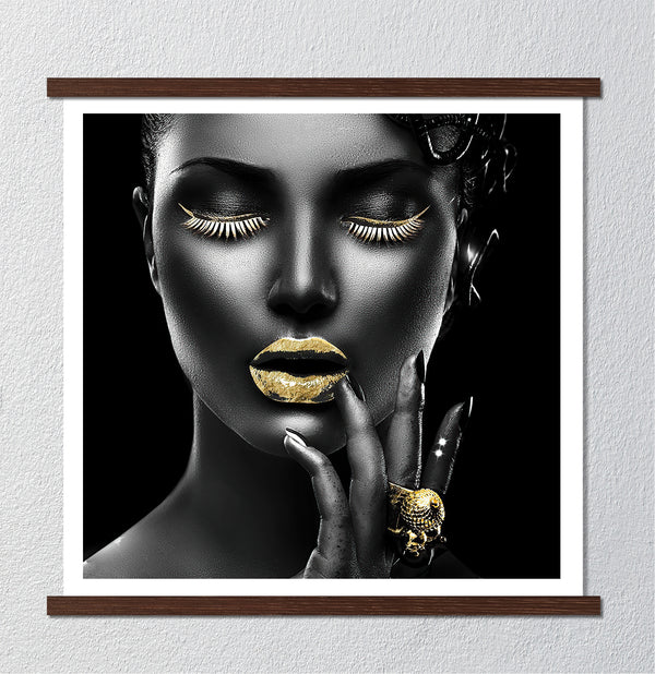 Canvas Fashion Wall Art, Girl with Gold Lips and Makeup, Glam Wall Poster