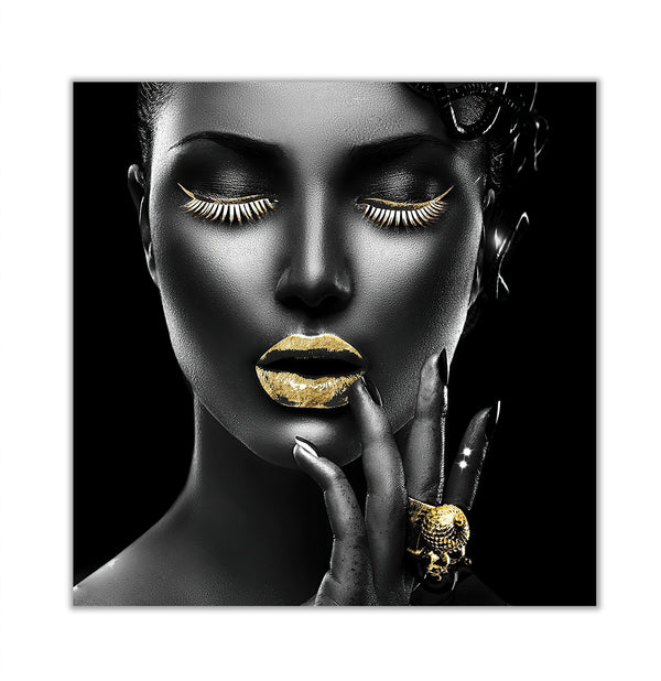 Canvas Fashion Wall Art, Girl with Gold Lips and Makeup, Glam Wall Poster