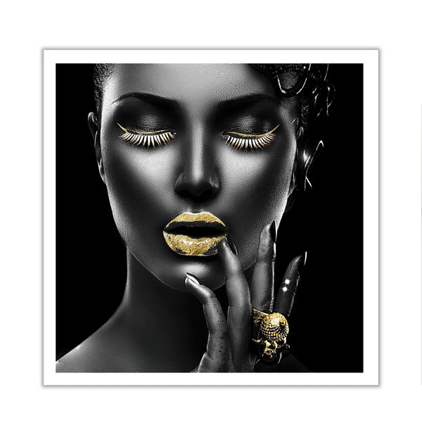 Canvas Fashion Wall Art, Girl with Gold Lips and Makeup, Glam Wall Poster