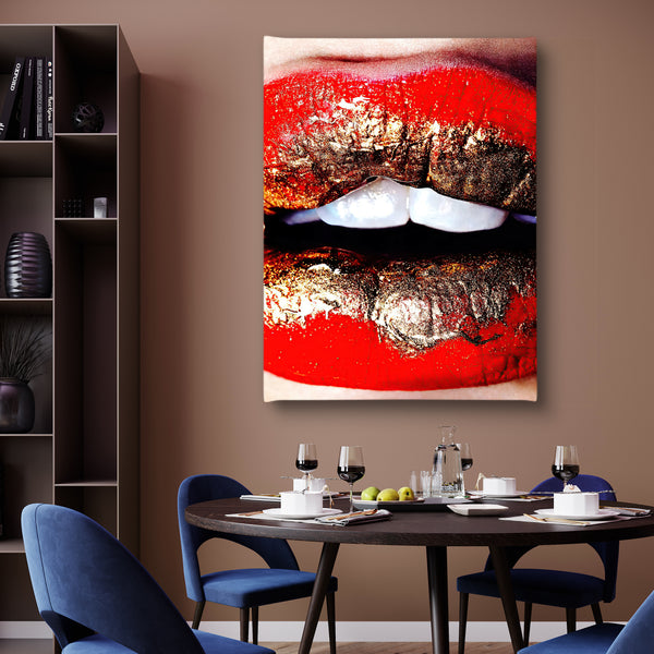 Canvas Fashion Wall Art, Red & Gold Woman Lips, Glam Wall Poster