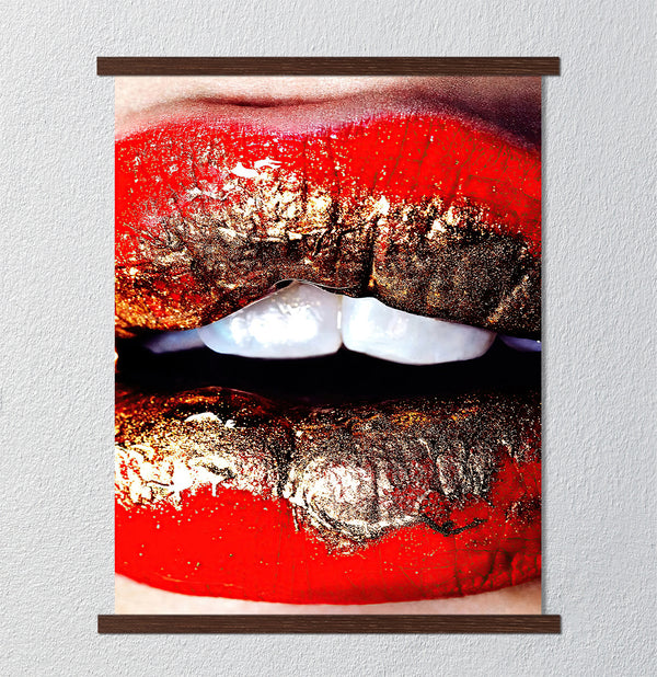 Canvas Fashion Wall Art, Red & Gold Woman Lips, Glam Wall Poster