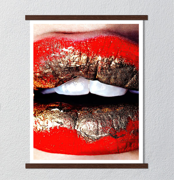 Canvas Fashion Wall Art, Red & Gold Woman Lips, Glam Wall Poster