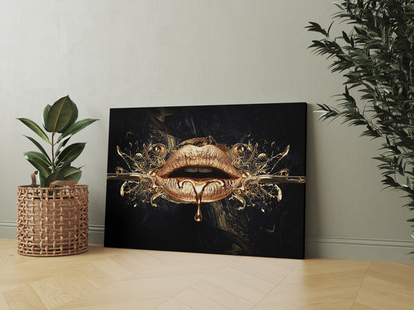 Canvas Fashion Wall Art, Gold Lips & Black Background, Glam Wall Poster