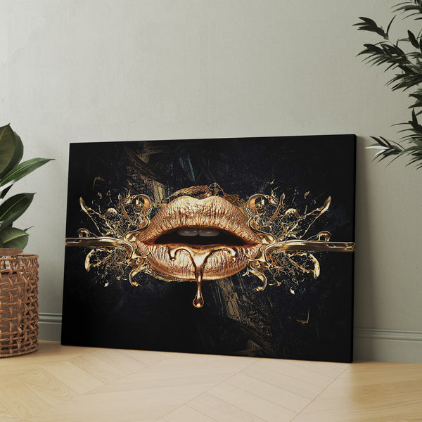 Canvas Fashion Wall Art -  Gold Lips & Black Background