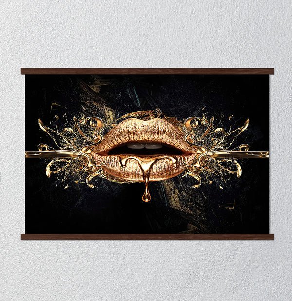 Canvas Fashion Wall Art, Gold Lips & Black Background, Glam Wall Poster