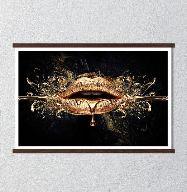 Canvas Fashion Wall Art, Gold Lips & Black Background, Glam Wall Poster